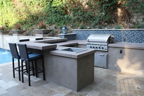 ©Scott Cohen Decorative Polished Concrete BBQ Beverage Center    Stainless Steel Grill Embeds Outdoor tile backsplash Sink bar seating